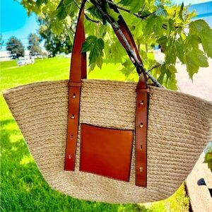 Large Purse Tote Shoulder Bag Woven Straw Vacation Solid  Color w/Leather Straps